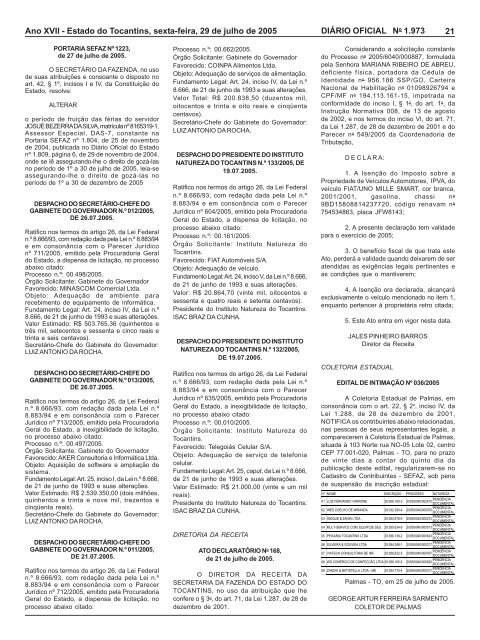 SumÃ¡rio - DiÃ¡rio Oficial - Governo do Estado do Tocantins