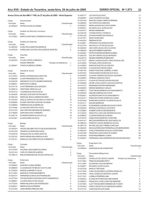 SumÃ¡rio - DiÃ¡rio Oficial - Governo do Estado do Tocantins