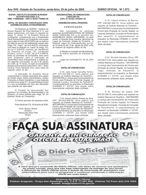 SumÃ¡rio - DiÃ¡rio Oficial - Governo do Estado do Tocantins