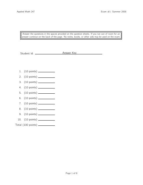 Student Id: Answer Key 1. (10 points) 2. (10 points) 3. (10 points) 4 ...