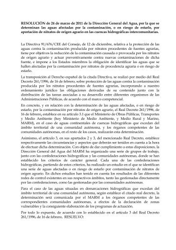 ResoluciÃ³n de 24 de marzo de 2011 de la DirecciÃ³n General del Agua