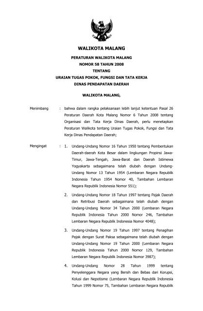 Peraturan Walikota Malang Nomor 58 Tahun 2008 tentang Uraian ...