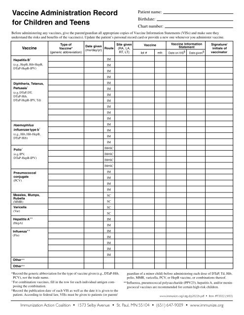 Vaccine Administration Record for Children and Teens