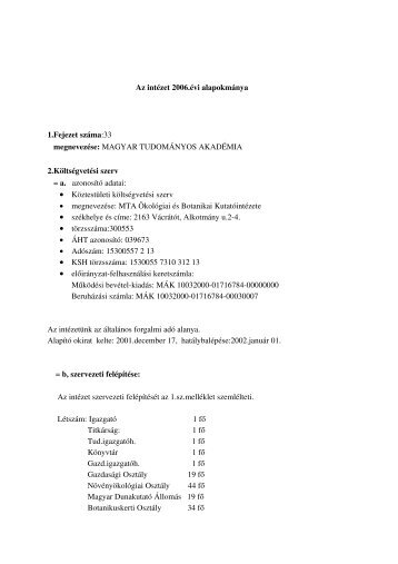 Az intÃ©zet 2006.Ã©vi alapokmÃ¡nya 1.Fejezet szÃ¡ma:33 megnevezÃ©se ...