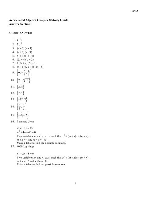 Accelerated Algebra Chapter 8 Study Guide