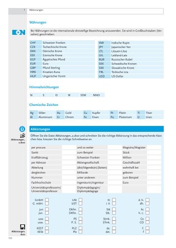 Währungen Himmelsrichtungen Chemische Zeichen Abkürzungen