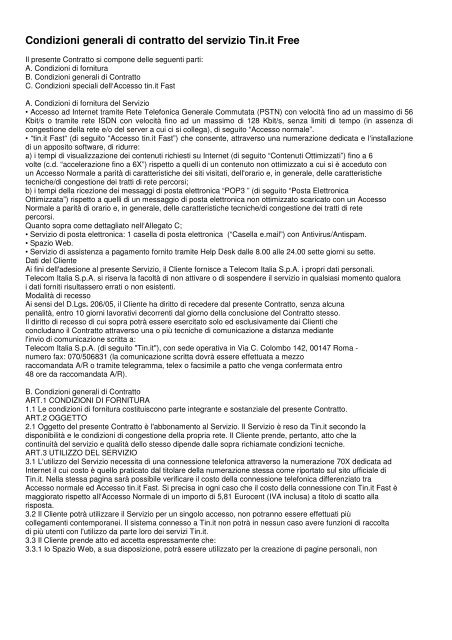 Condizioni generali di contratto del servizio Tin.it Free - Telecom Italia