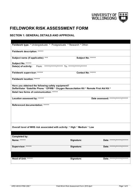 FIELDWORK RISK ASSESSMENT FORM - Staff