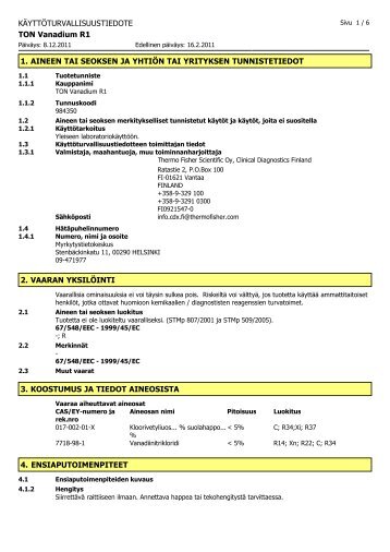 KÄYTTÖTURVALLISUUSTIEDOTE TON Vanadium R1 1. AINEEN ...