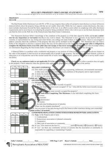 Seller'S ProPertY DIScloSUre StAtemeNt SPD - Pennsylvania ...