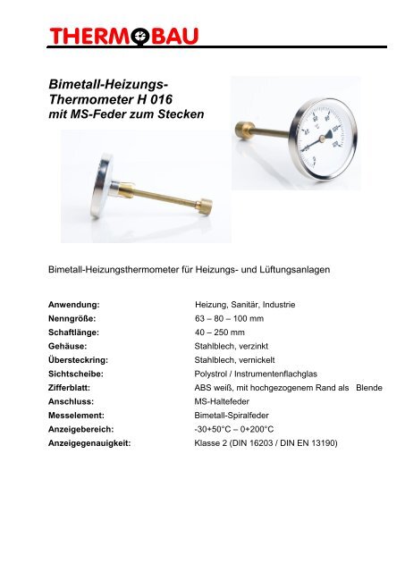 Bimetall-Heizungs- Thermometer H 016 - Thermobau Wirthwein