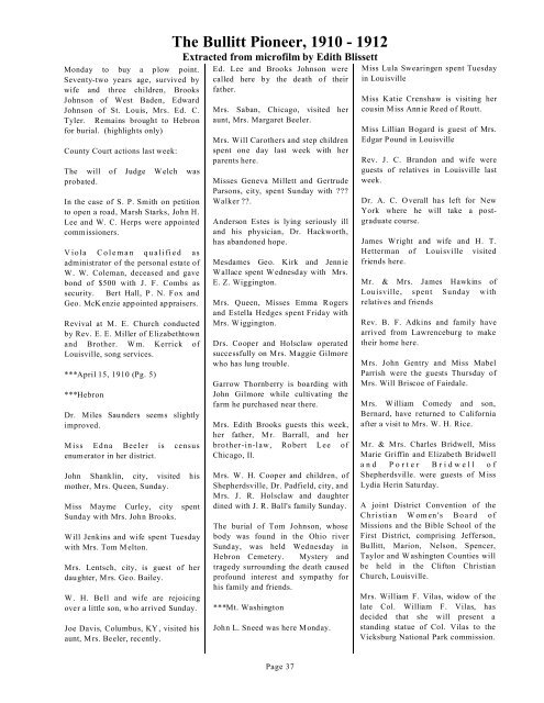 Extracts of The Bullitt Pioneer, 1910 -1912 - Bullitt County Public ...
