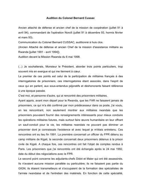 Audition du Colonel Bernard Cussac - France Rwanda GÃ©nocide