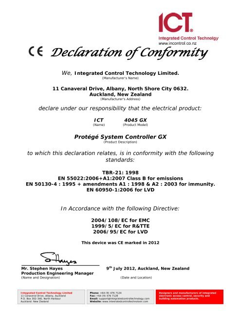 CE Declaration Of Conformity - ICT