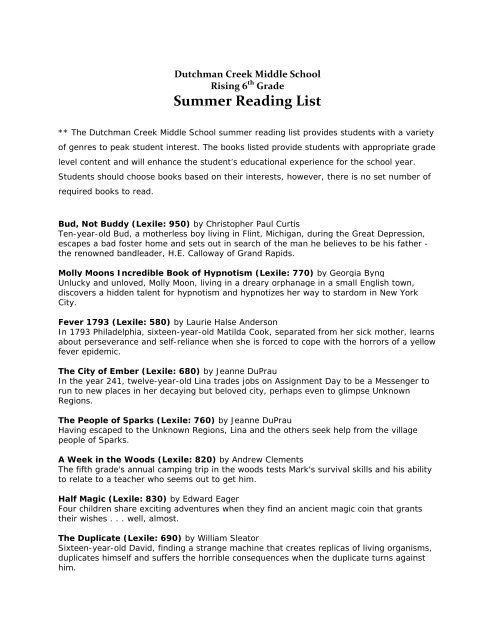 Summer Reading List - Dutchman Creek Middle School