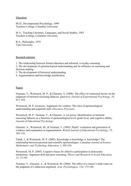 Michael Weinstock CV and Publication List