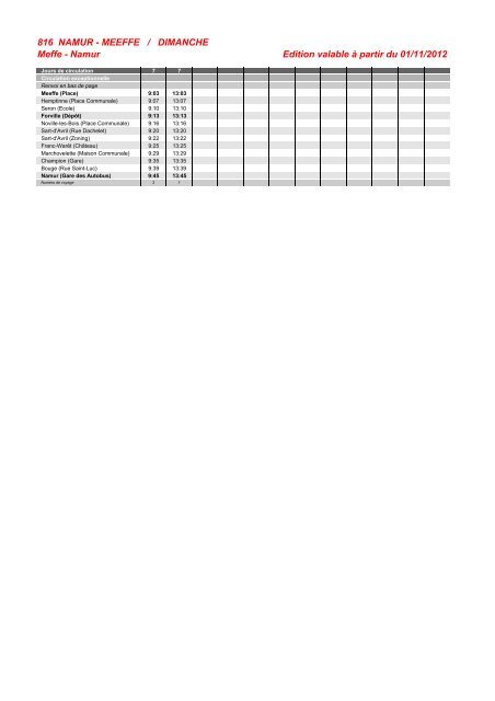 Horaires de la ligne 816 : Namur-Meeffe - Fernelmont