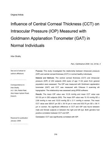 Influence of Central Corneal Thickness (CCT) on Intraocular ...