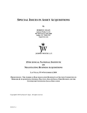 SPECIAL ISSUES IN ASSET ACQUISITIONS - Jackson Walker LLP