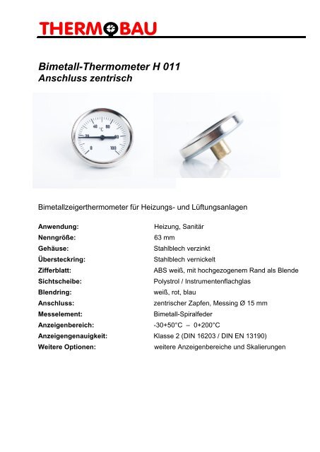 Bimetall-Thermometer H 011 - Thermobau Wirthwein