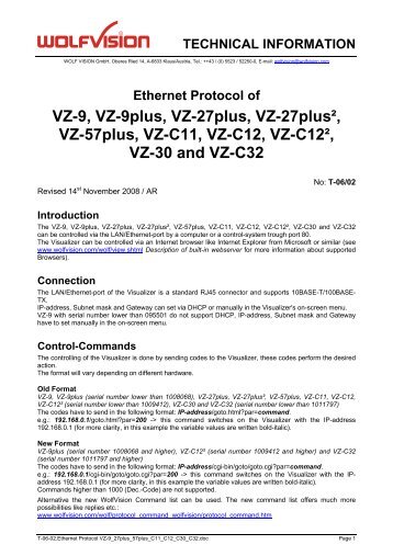 Ethernet Protocol of VZ-9, VZ-9plus, VZ-27plus, VZ ... - WolfVision