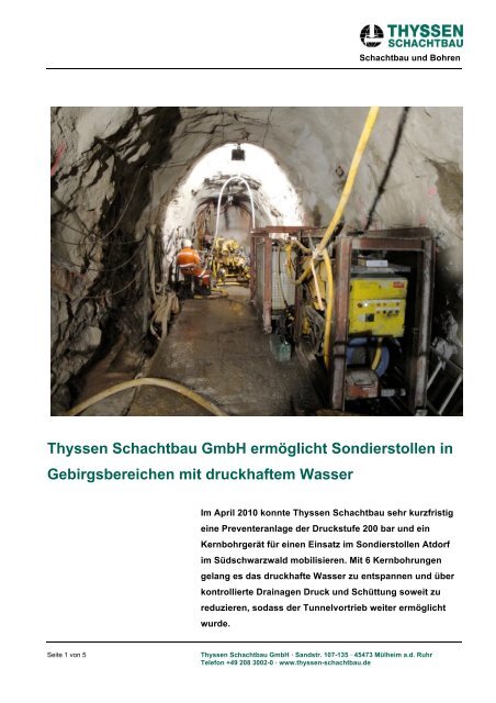 Thyssen Schachtbau GmbH ermöglicht Sondierstollen in ...