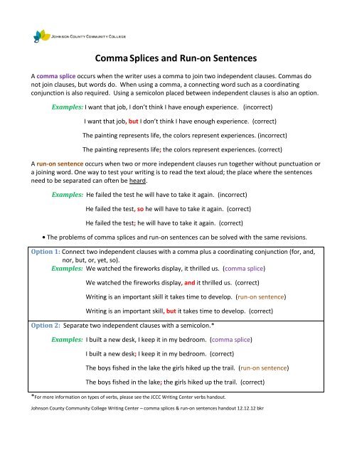 Comma Splices and Run-On Sentences - Johnson County ...