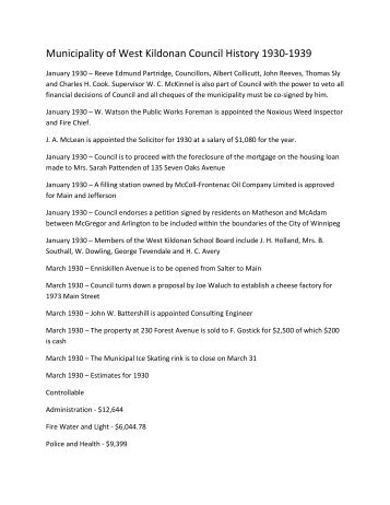 Municipality of West Kildonan Council History 1930-1939 - Miles ...