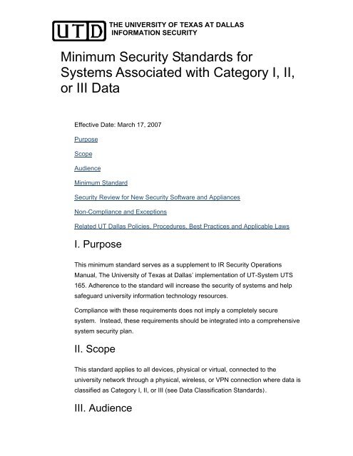 Minimum Security Standards for Systems with Cat I, II, III Data
