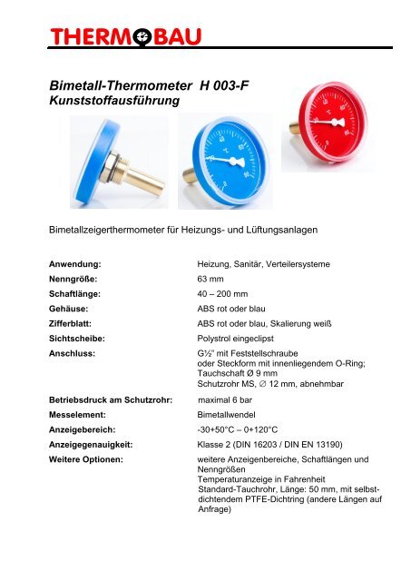 Bimetall-Thermometer H 003-F - Thermobau Wirthwein