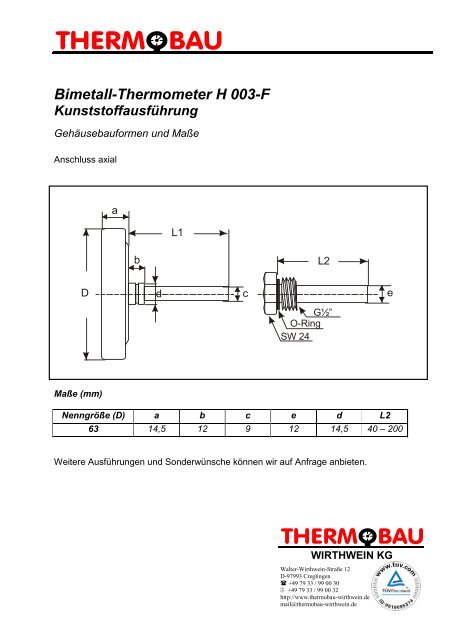 Bimetall-Thermometer H 003-F - Thermobau Wirthwein