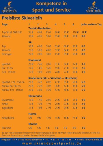 Preisliste Skiverleih und Skiservice - Ski & Sport Profis