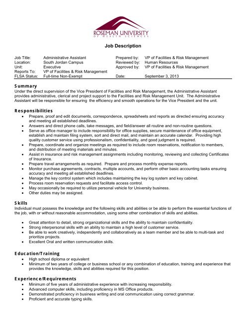 Job Description Administrative Assistant Facilities And Risk