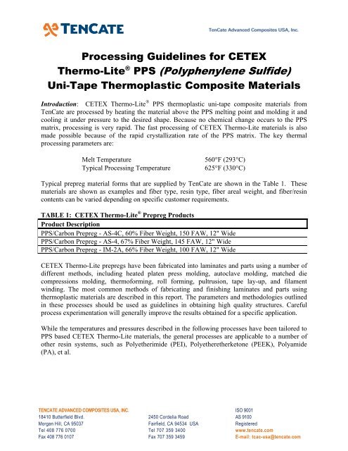 Processing Guidelines for CETEX Thermo-Lite PPS - TenCate