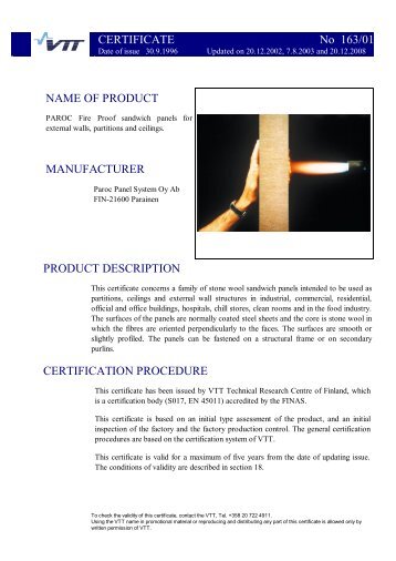 CERTIFICATE No 163/01 NAME OF PRODUCT ... - Paroc.com