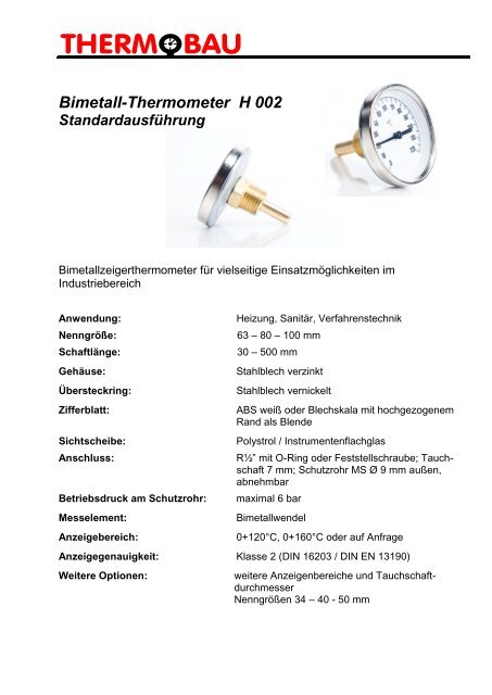 Bimetall-Thermometer H 002 Standardausführung - Thermobau ...