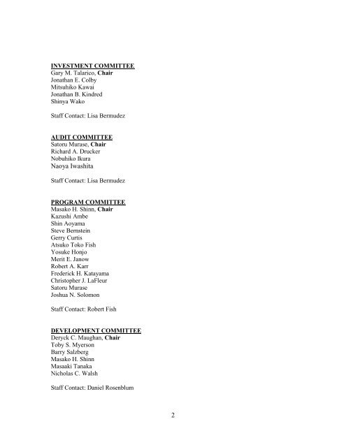 Japan Society Board Committees As of July 2, 2012