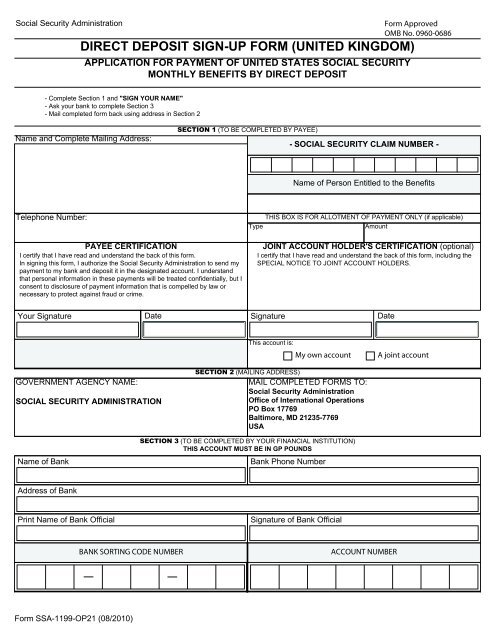 direct deposit sign-up form (united kingdom) - Social Security