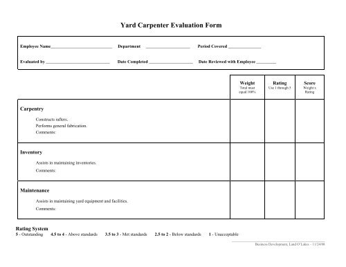 Yard Carpenter Evaluation Form - Land O'Lakes Inc.