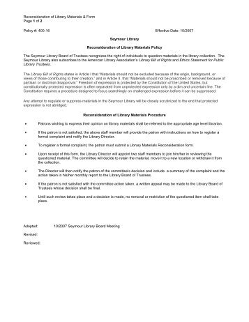 Reconsideration of Library Materials & Form Page 1 of 2 Policy ...
