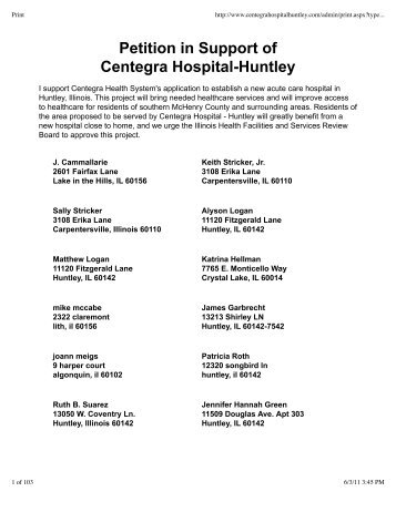 Petition in Support of Centegra Hospital-Huntley - Illinois Health ...