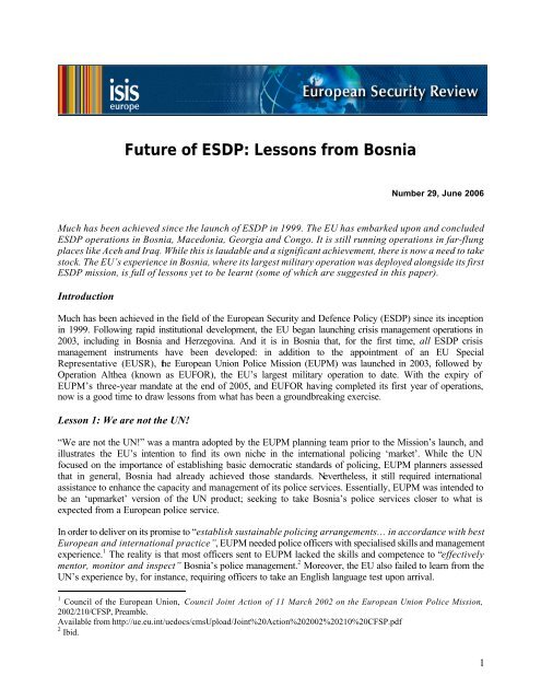 Future of ESDP: Lessons from Bosnia by Dominique Orsini - Eulex