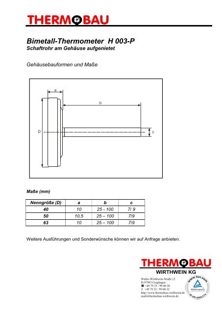 Bimetall-Thermometer H 003-P - Thermobau Wirthwein