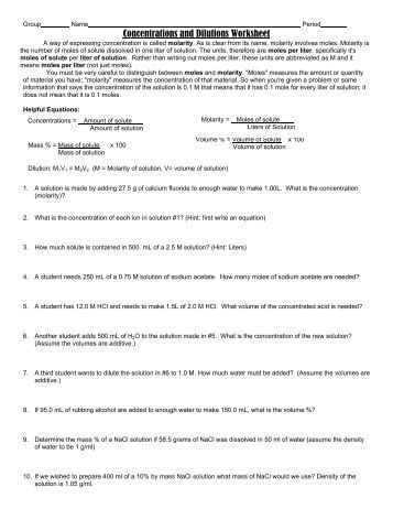 Printables Dilutions Worksheet concentrations and dilutions worksheet