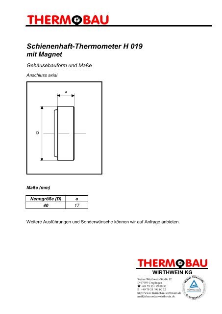 Schienenhaft-Thermometer H 019 mit Magnet - Thermobau Wirthwein