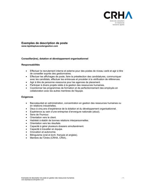 comment décrire son poste de travail exemple
