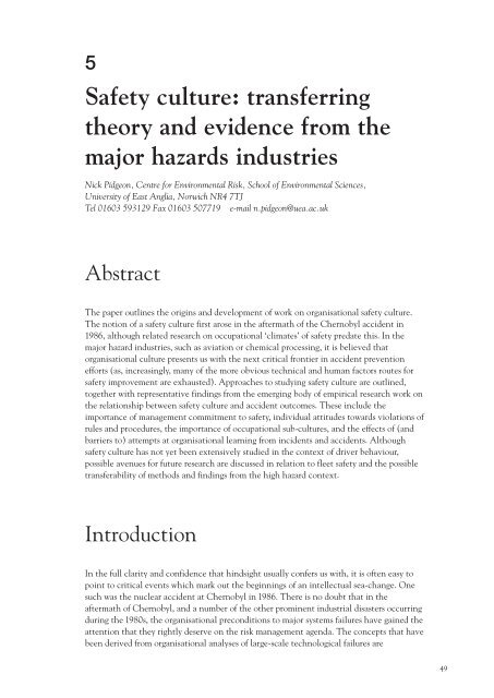 Safety culture: transferring theory and evidence ... - Industrial Centre