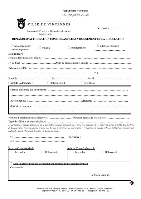 Formulaire de demande d'autorisation concernant le stationnement ...