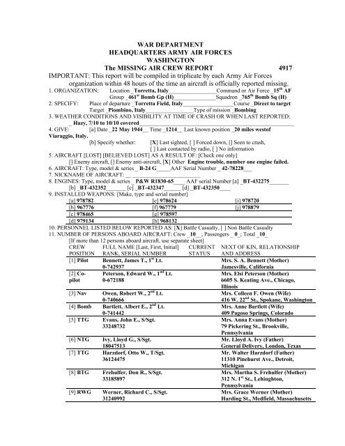 Missing Air Crew Report - 461st Bombardment Group