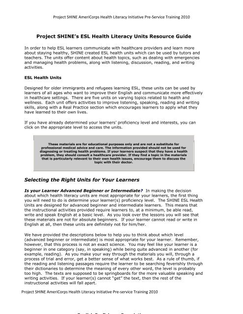 ESL Health Literacy Units Resource Guide.pdf - Project SHINE